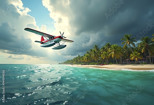 A red and white seaplane flying over a tropical ocean with palm trees and a stormy sky in the background