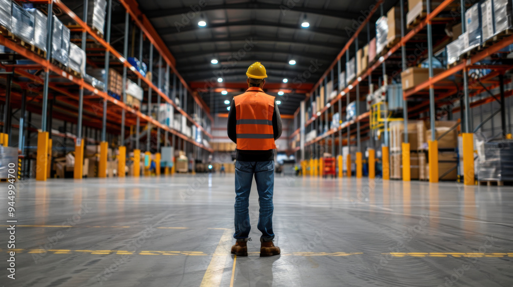 A warehouse worker in safety gear stands in a large warehouse, overseeing inventory organization and operations within the industrial facility. A warehouse worker in safety gear stands in a large warehouse, overseeing inventory organization and operations within the industrial facility.
