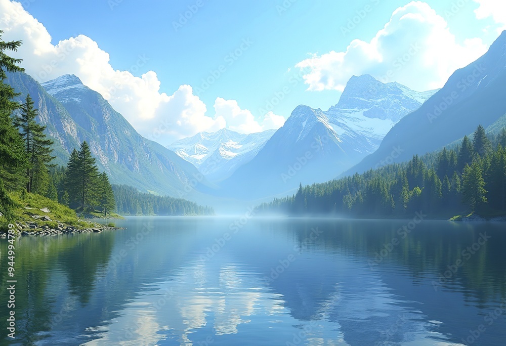 A serene alpine lake surrounded by lush green forests and towering snow-capped mountains under a blue sky with fluffy white clouds A serene alpine lake surrounded by lush green forests and towering snow-capped mountains under a blue sky with fluffy white clouds