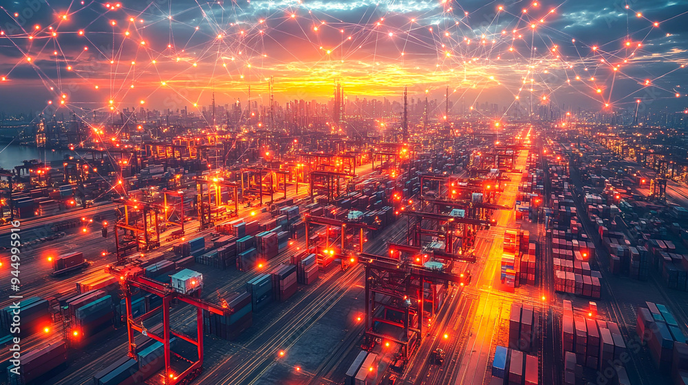 Naklejka premium Global Supply Chain Network: Interconnected Nodes for Worldwide Logistics Management