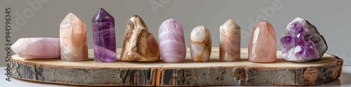 Assorted rose quartz and amethyst face rollers displayed on a wooden slice in a still life composition. photo