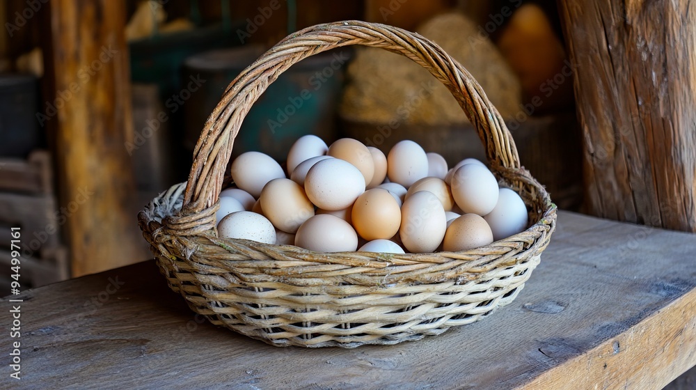 A basket full of eggs sitting on top of a wooden table A basket full of eggs sitting on top of a wooden table