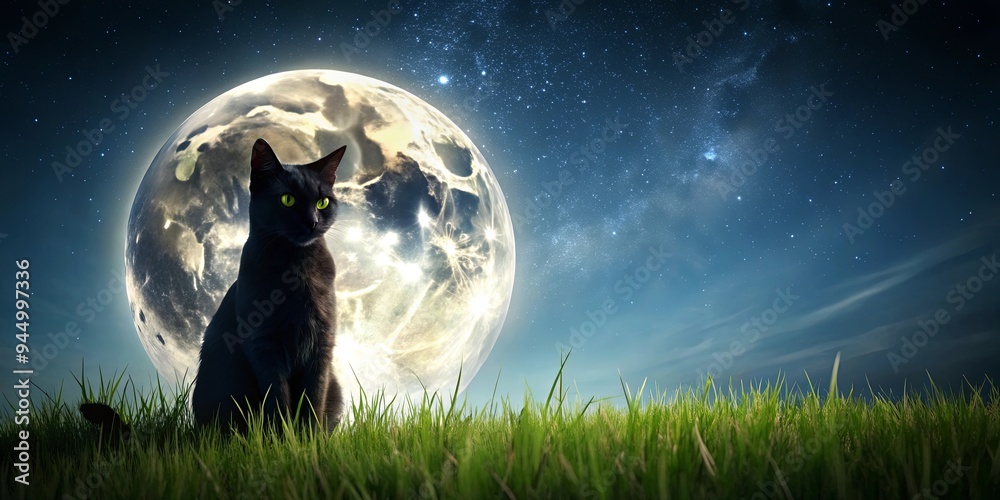 Mysterious black cat watching the full moon in a grassy field Mysterious black cat watching the full moon in a grassy field
