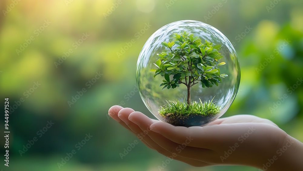 A small tree in a glass orb held by a hand, against a green background. A small tree in a glass orb held by a hand, against a green background.