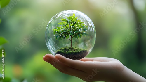 A small tree in a glass orb held by a hand, against a green background.