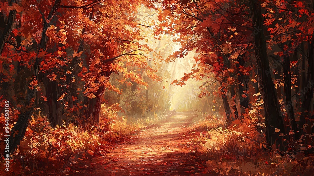 Fototapeta premium A tranquil woodland path is enveloped in a warm embrace of vibrant red and orange leaves, creating a serene autumn atmosphere.