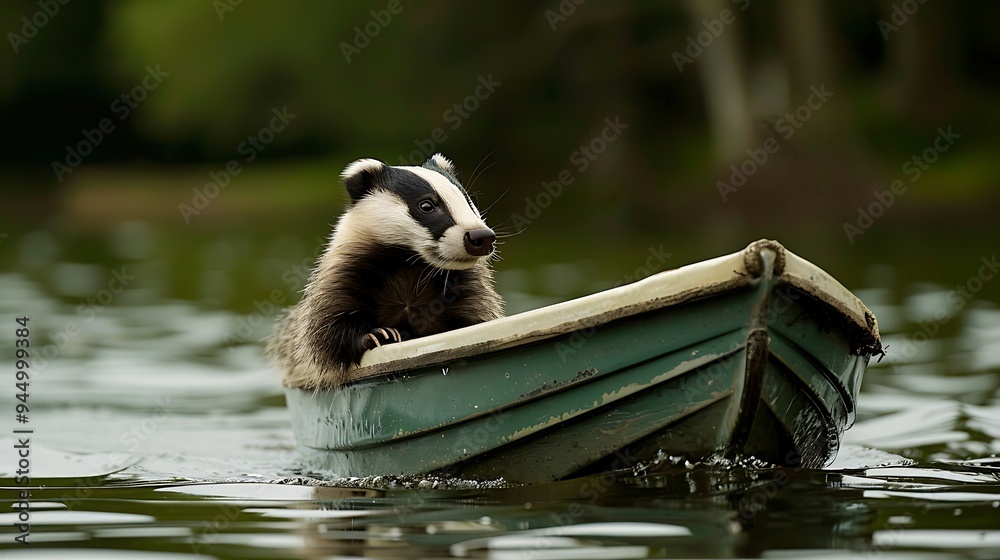 Obraz premium A badger onto the boat in the lake