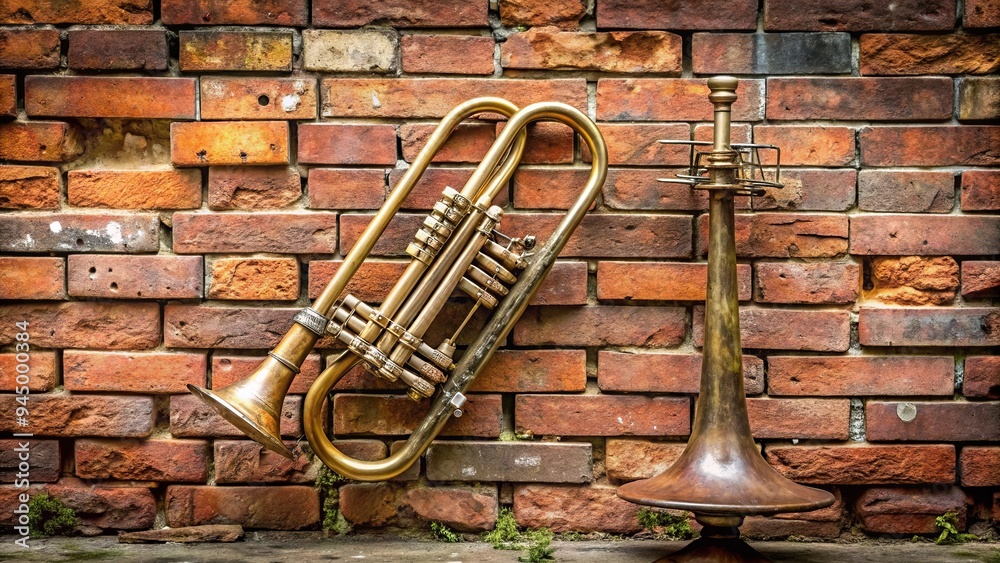 Fototapeta premium Old weathered trumpet leaning against a rustic brick wall