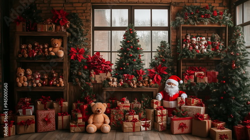 cute santa claus and teddy bear dolls with decoration corner in the shop