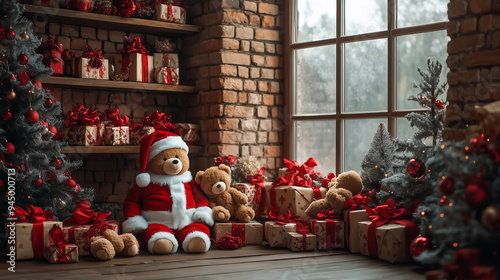 cute santa claus and teddy bear dolls with decoration corner in the shop