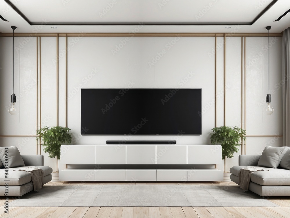 Minimalist Living Room Interior with a Flat-Screen TV and Two Couches Minimalist Living Room Interior with a Flat-Screen TV and Two Couches