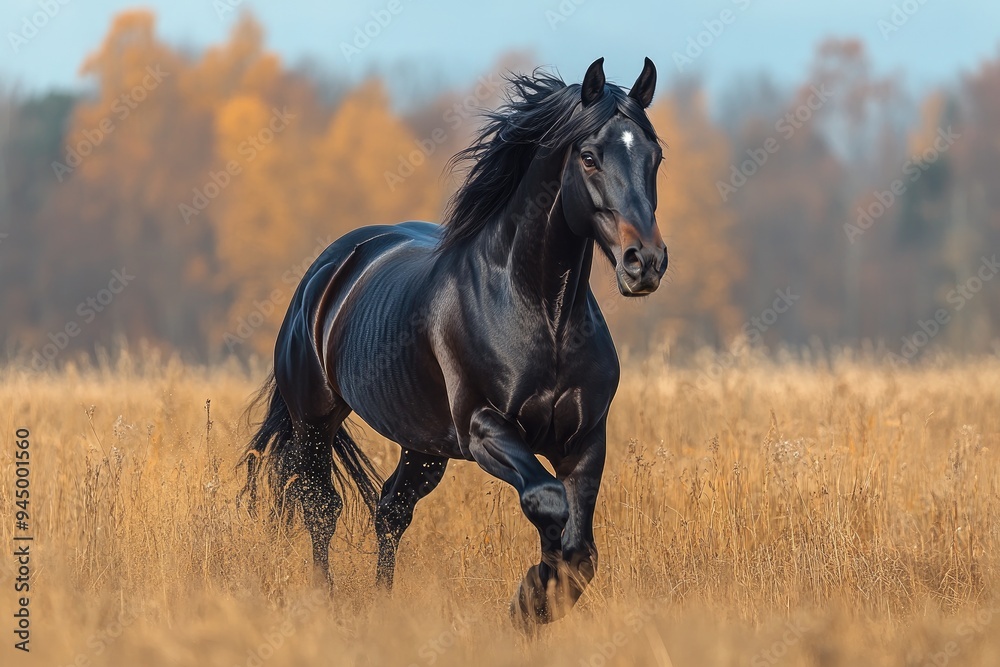 Beautiful black stallion running through a field in autumn