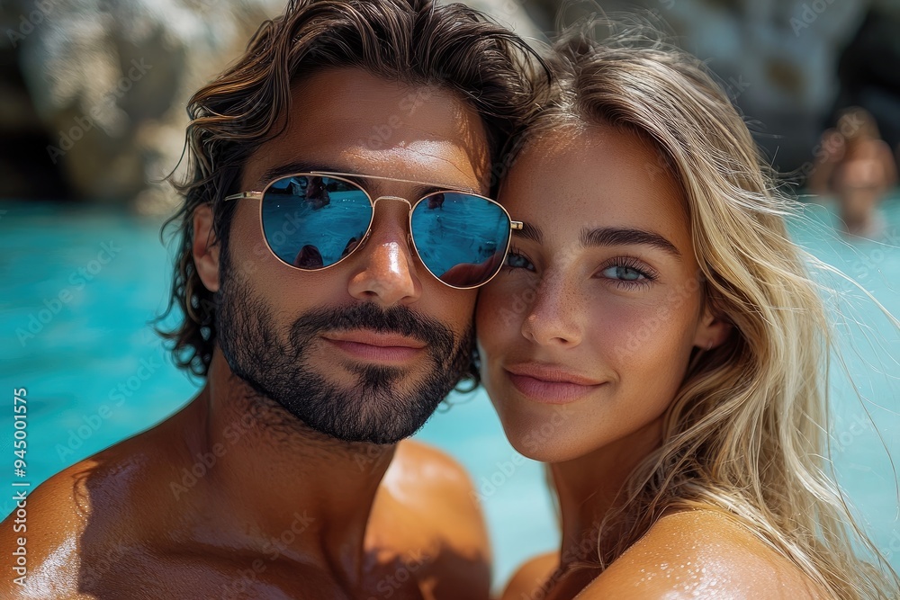 Man and a woman are smiling on the beach on a sunny summer day Man and a woman are smiling on the beach on a sunny summer day