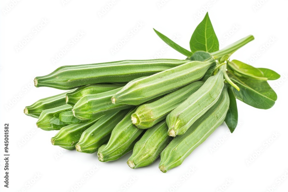 A bunch of fresh okra pods with green leaves, ready for culinary use. A bunch of fresh okra pods with green leaves, ready for culinary use.