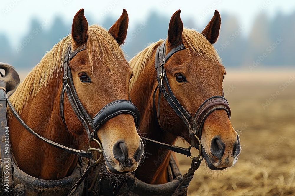 Obraz premium Two powerful brown horses wearing harnesses standing on farm