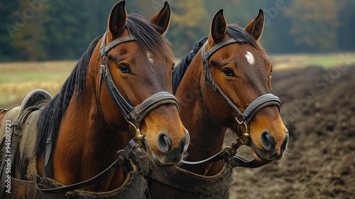 Two powerful brown horses wearing harnesses standing on farm