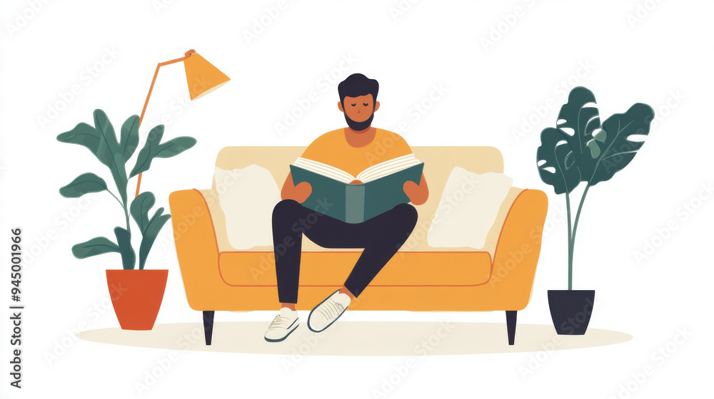 Flat vector image of a man enjoying a book while sitting on a sofa, with a simple and clean Flat vector image of a man enjoying a book while sitting on a sofa, with a simple and clean