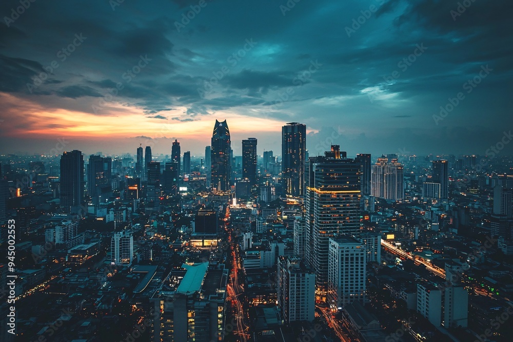 Naklejka premium A modern metropolis glows at twilight, featuring innovative structures and vibrant streets under a deepening twilight.