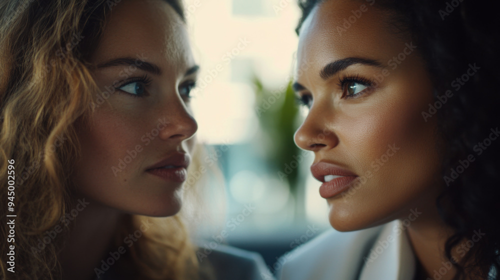 Focused close-up of two women in a corporate environment, deeply engaged Focused close-up of two women in a corporate environment, deeply engaged