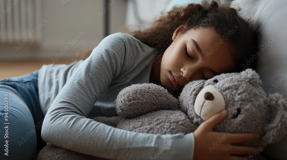 Young Girl Peacefully Asleep on a Couch, Hugging a Soft Teddy Bear, Symbolizing Comfort, Innocence, and the Tranquility of Childhood Sleep Young Girl Peacefully Asleep on a Couch, Hugging a Soft Teddy Bear, Symbolizing Comfort, Innocence, and the Tranquility of Childhood Sleep