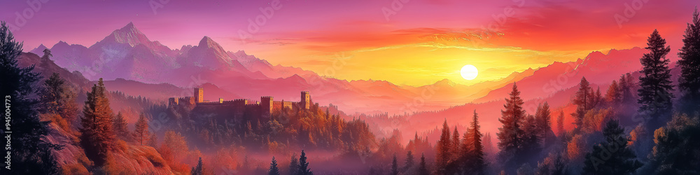 A breathtaking sunset over a medieval castle, ideal for fantasy-themed events, travel promotions, or nature-inspired design. Design for Wall Art, Poster Print, Wallpaper & Background A breathtaking sunset over a medieval castle, ideal for fantasy-themed events, travel promotions, or nature-inspired design. Design for Wall Art, Poster Print, Wallpaper & Background