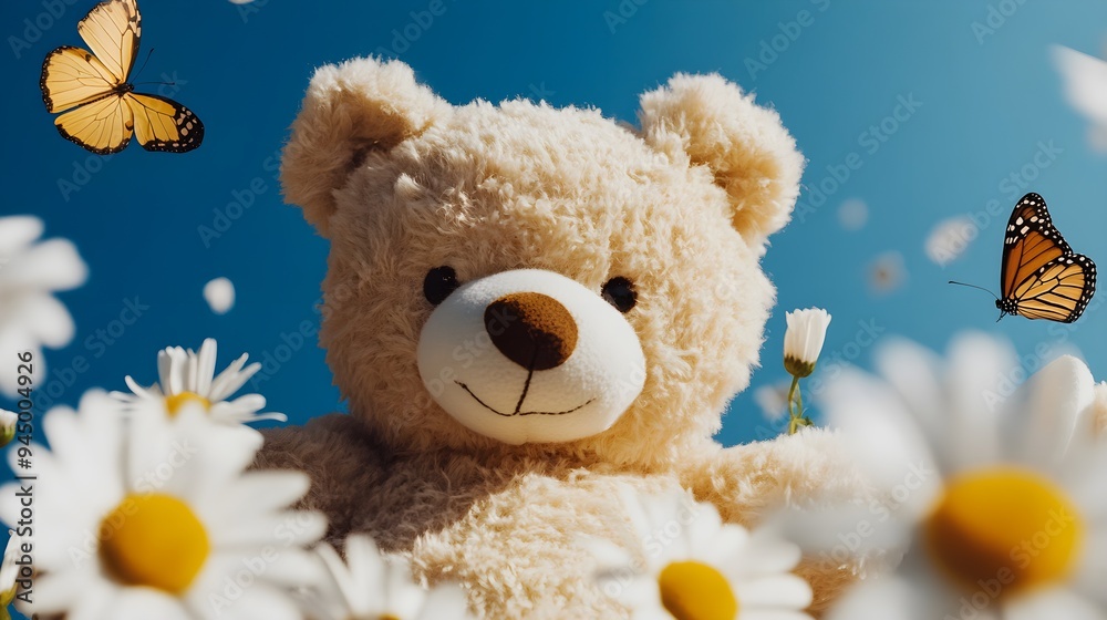 Fluffy teddy bear in double exposure with a field of daisies and butterflies, capturing the essence of playful innocence Fluffy teddy bear in double exposure with a field of daisies and butterflies, capturing the essence of playful innocence