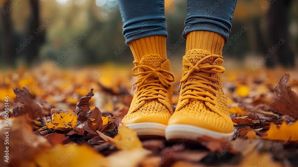 a person wearing yellow shoes standing in leaves in a forest with trees in the background a person wearing yellow shoes standing in leaves in a forest with trees in the background