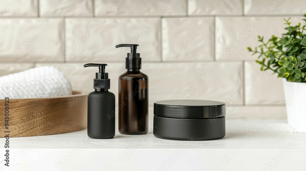 Anti Aging Skincare Products for Men Displayed on a Bathroom Counter with Deep Depth of Field Showcasing a Minimalist and Clean Arrangement of Luxury Grooming Essentials Anti Aging Skincare Products for Men Displayed on a Bathroom Counter with Deep Depth of Field Showcasing a Minimalist and Clean Arrangement of Luxury Grooming Essentials