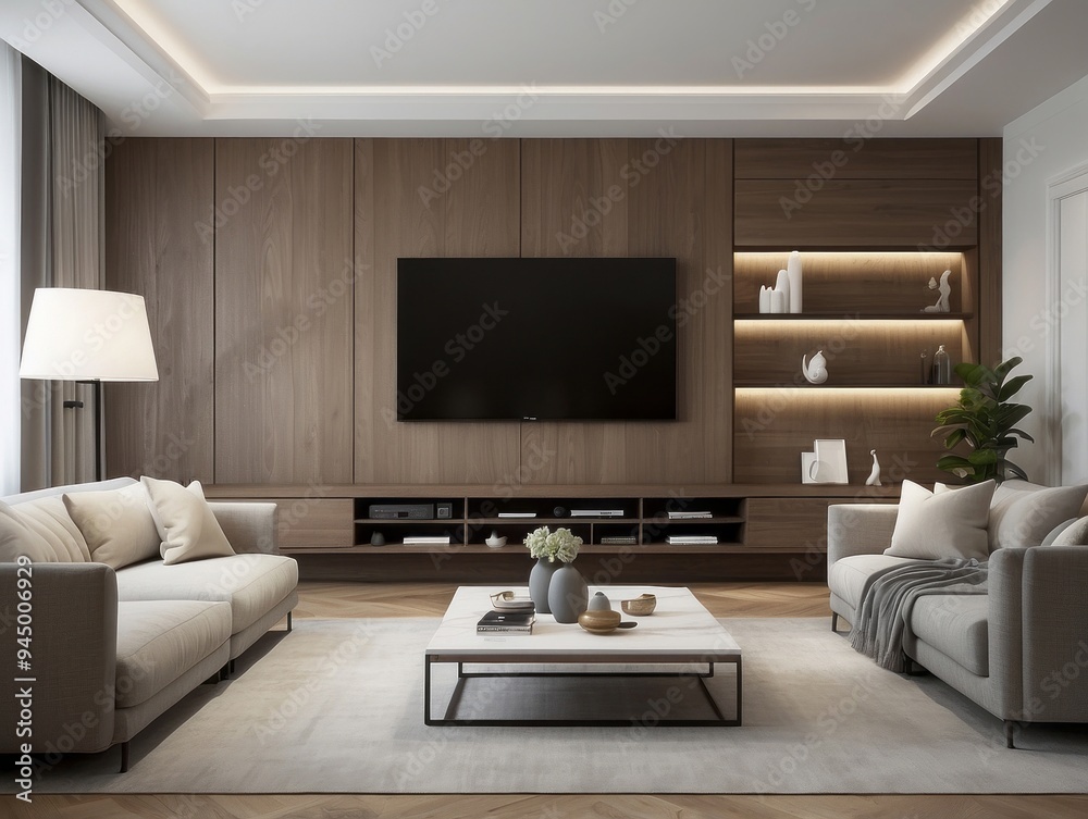 Modern Living Room Interior Design with Wooden Wall Paneling and a Large Television Modern Living Room Interior Design with Wooden Wall Paneling and a Large Television