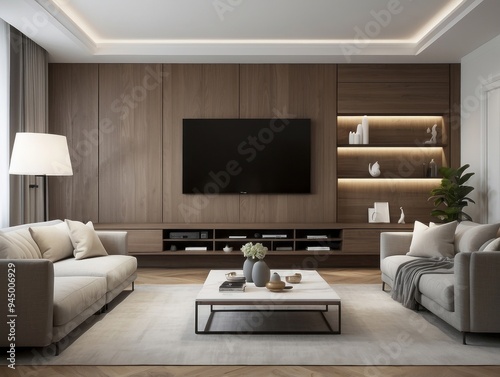 Modern Living Room Interior Design with Wooden Wall Paneling and a Large Television