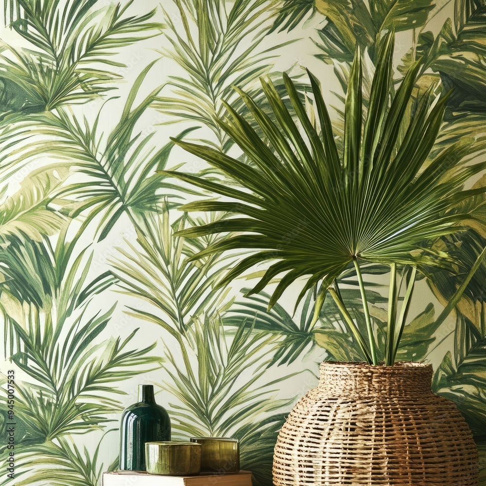 Fototapeta premium Vibrant Jungle Wallpaper with Bold Palm Leaves and Decor