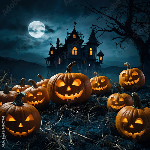 Halloween background with pumpkins, bats, and a spooky castle under a dark, moonlit sky