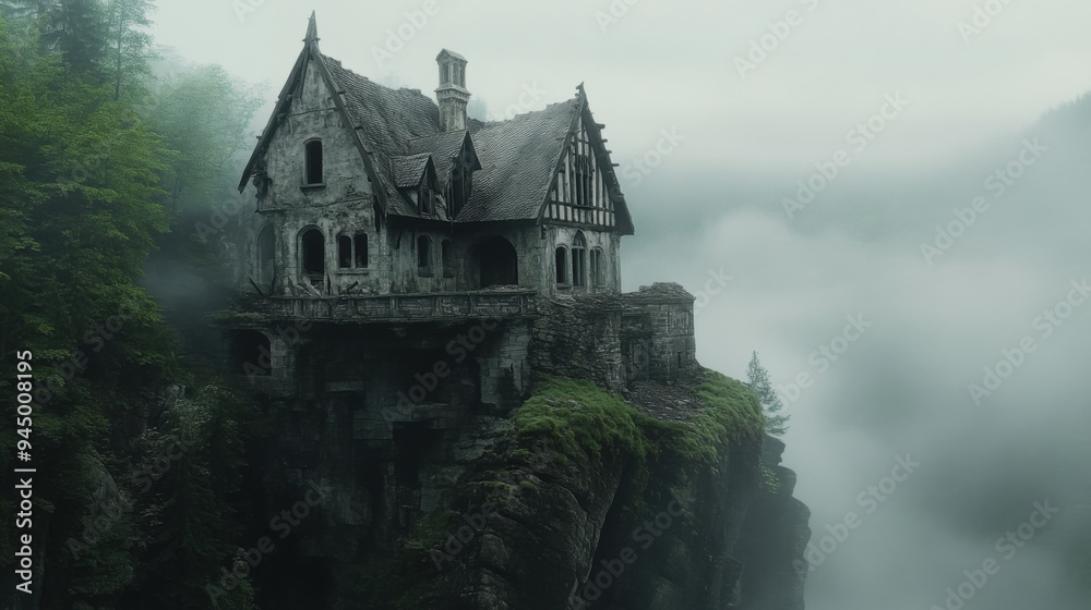 Half-ruined medieval chalet in a foggy forest, explosion damage reveals the interior, perched Half-ruined medieval chalet in a foggy forest, explosion damage reveals the interior, perched