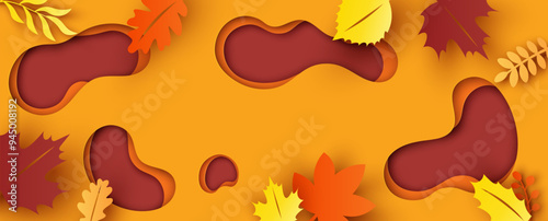 Autumn layer paper carve with leaves background. Autumn background. paper cut and craft style. vector, illustration.