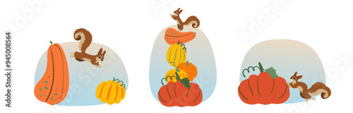 Set autumn with squirrel jumping on pumpkins. Perfect for a Thanksgiving decoration, Harvest Day, invitation, greeting cards.