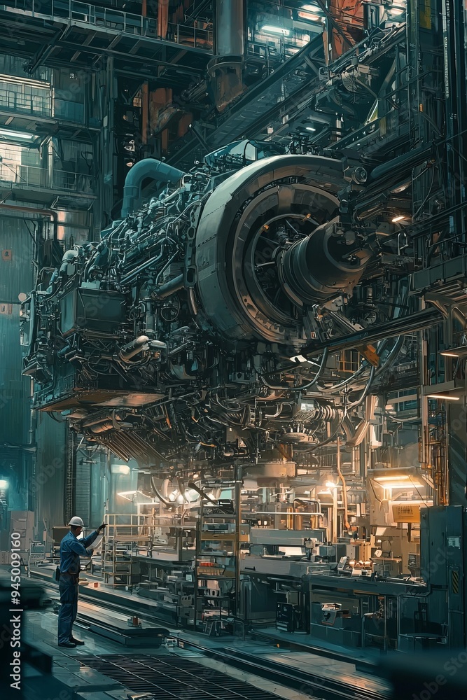 A technician examines the engine of a massive crane in a well-lit repair workshop. The scene shows detailed A technician examines the engine of a massive crane in a well-lit repair workshop. The scene shows detailed