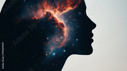 Double exposure image of a woman's profile with a dazzling galaxy, showing intricate star clusters and vivid nebulae