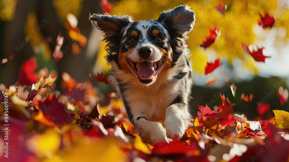 Happy dog springing from a pile of colorful leaves, with red and yellow foliage swirling Happy dog springing from a pile of colorful leaves, with red and yellow foliage swirling