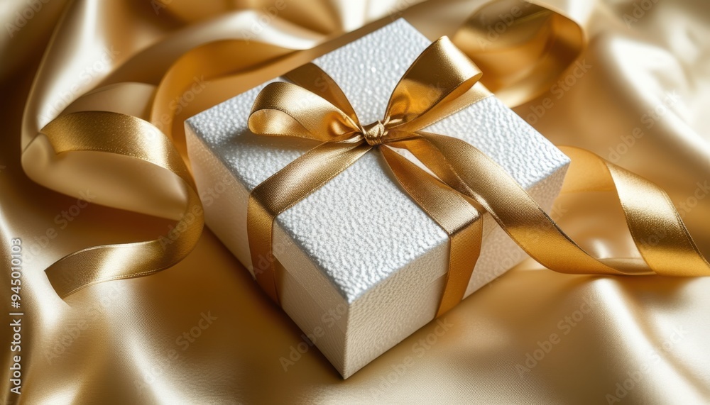 Luxurious white gift box with a golden ribbon on a silky background, ideal for special occasions and celebrations. Luxurious white gift box with a golden ribbon on a silky background, ideal for special occasions and celebrations.