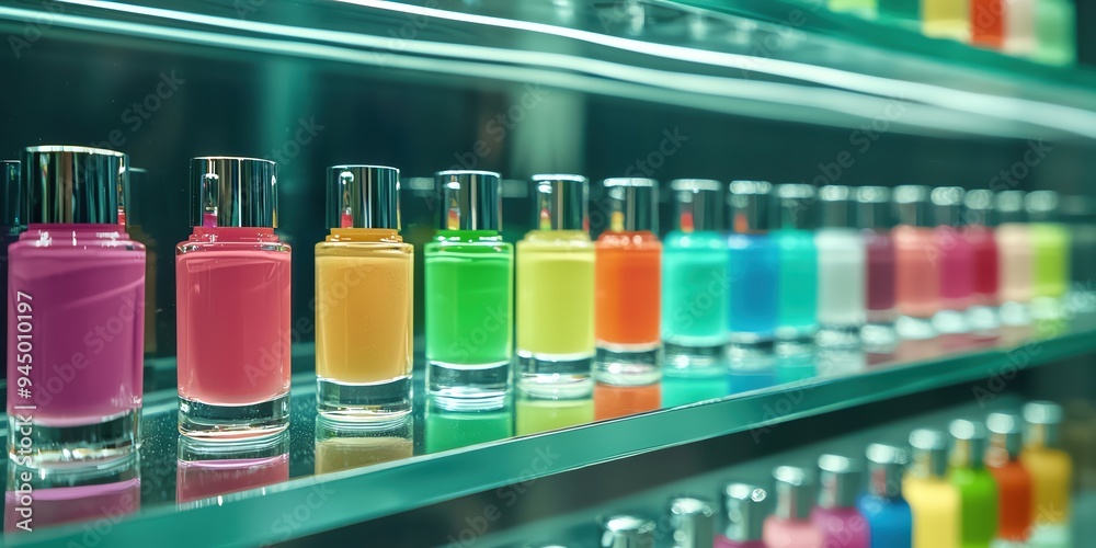 A collection of nail polish bottles in a rainbow of colors, neatly lined up on a glass shelf A collection of nail polish bottles in a rainbow of colors, neatly lined up on a glass shelf