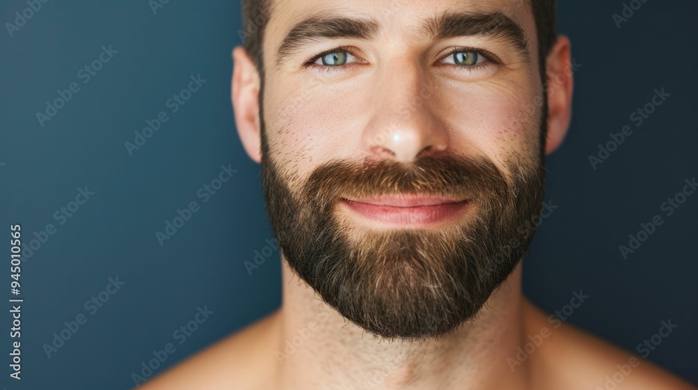 Closeup portrait of a handsome bearded man smiling and showcasing skincare tips or advice written on a minimalist deep blue background The image conveys a sense of wellness personal care Closeup portrait of a handsome bearded man smiling and showcasing skincare tips or advice written on a minimalist deep blue background The image conveys a sense of wellness personal care