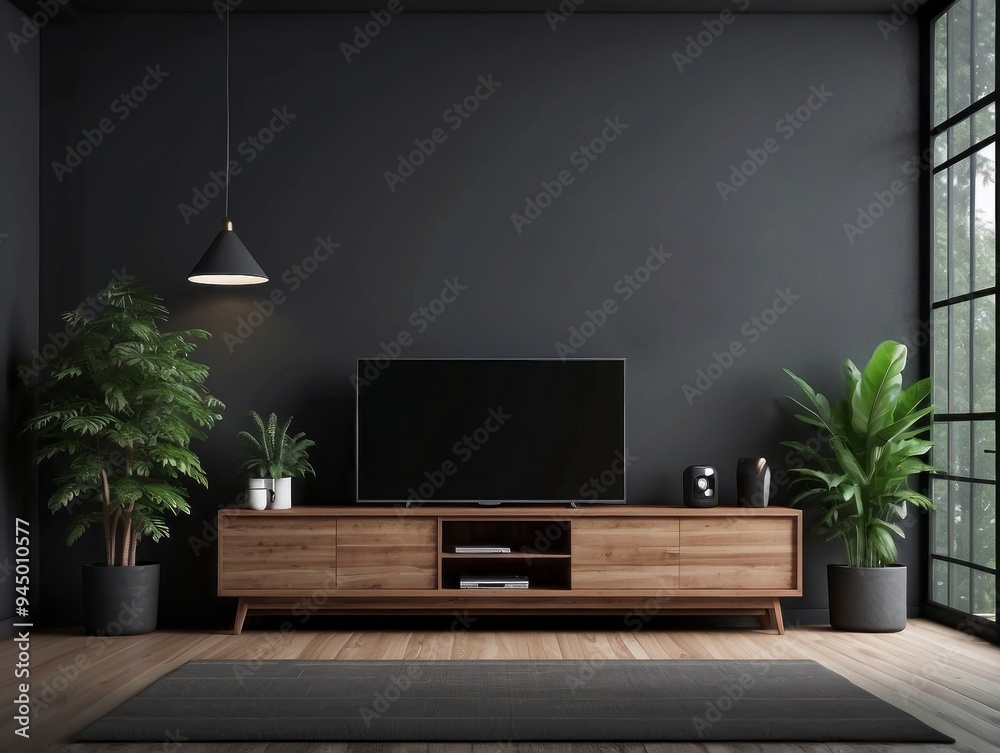 Modern Living Room with Flat Screen Television, Wooden Cabinet, and Plants