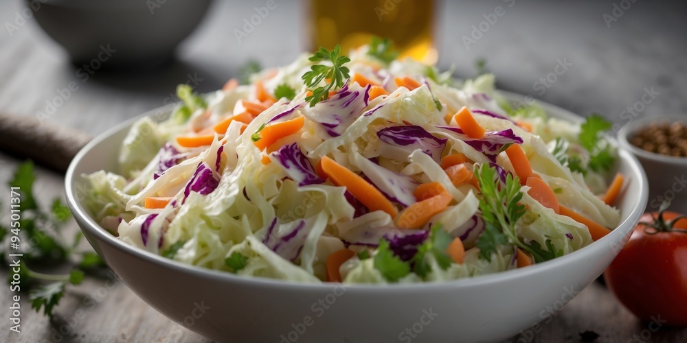 Fresh colorful coleslaw salad in a white bowl. Fresh colorful coleslaw salad in a white bowl.