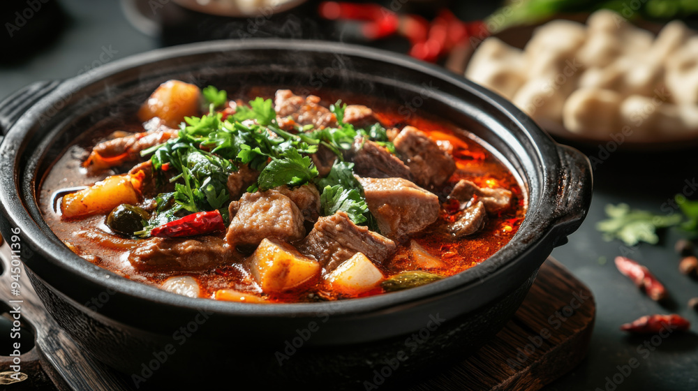 High-end food photography showcasing a spicy hotpot in a quality dark porcelain bowl,