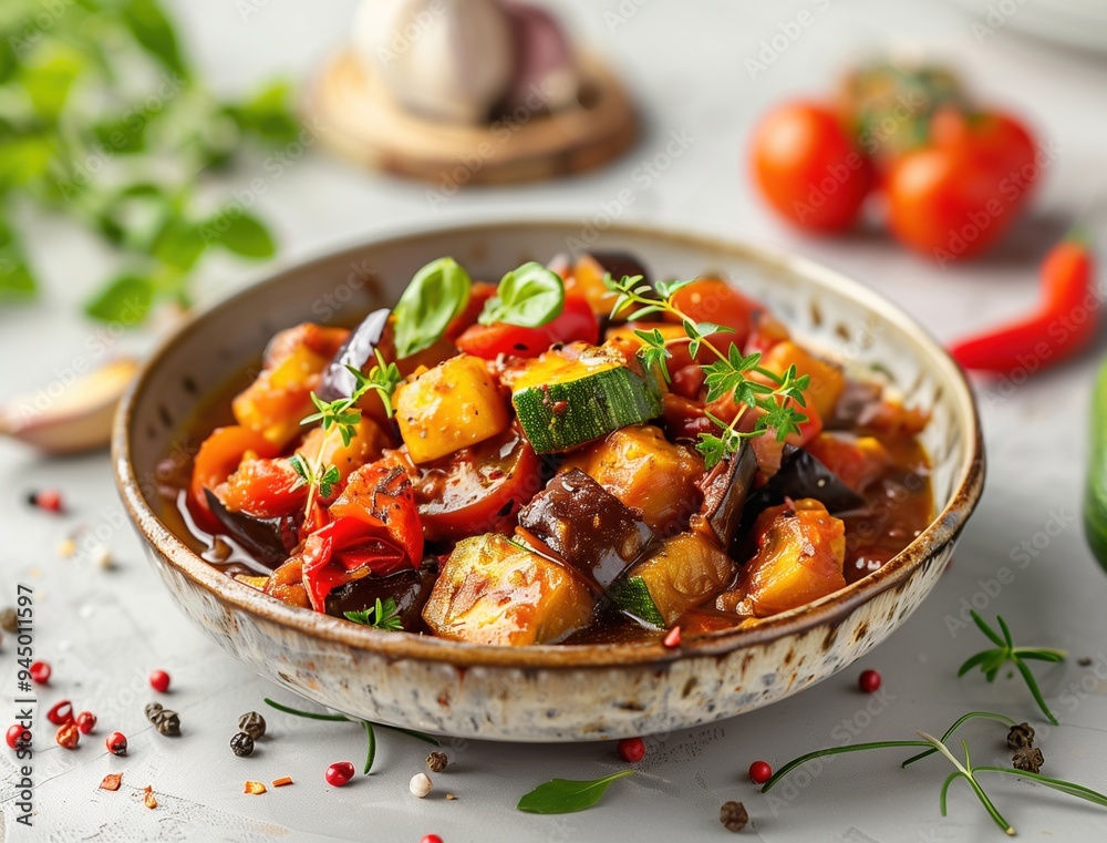 Vibrant Pisto Spanish Stew with Zucchini and Eggplant, Healthy Mediterranean Cuisine Vibrant Pisto Spanish Stew with Zucchini and Eggplant, Healthy Mediterranean Cuisine