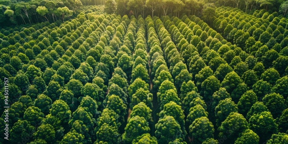 Fototapeta premium Aerial view of a lush green forest with dense trees. The vibrant greenery and natural light create a breathtaking and expansive landscape