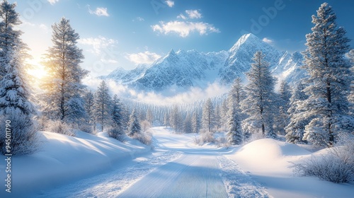 Snowy Mountain Landscape with Sunrays