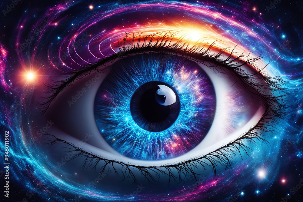 Close up of human eye with digital illustration of interface reflection sci fi , futuristic cyber security technology concept Close up of human eye with digital illustration of interface reflection sci fi , futuristic cyber security technology concept