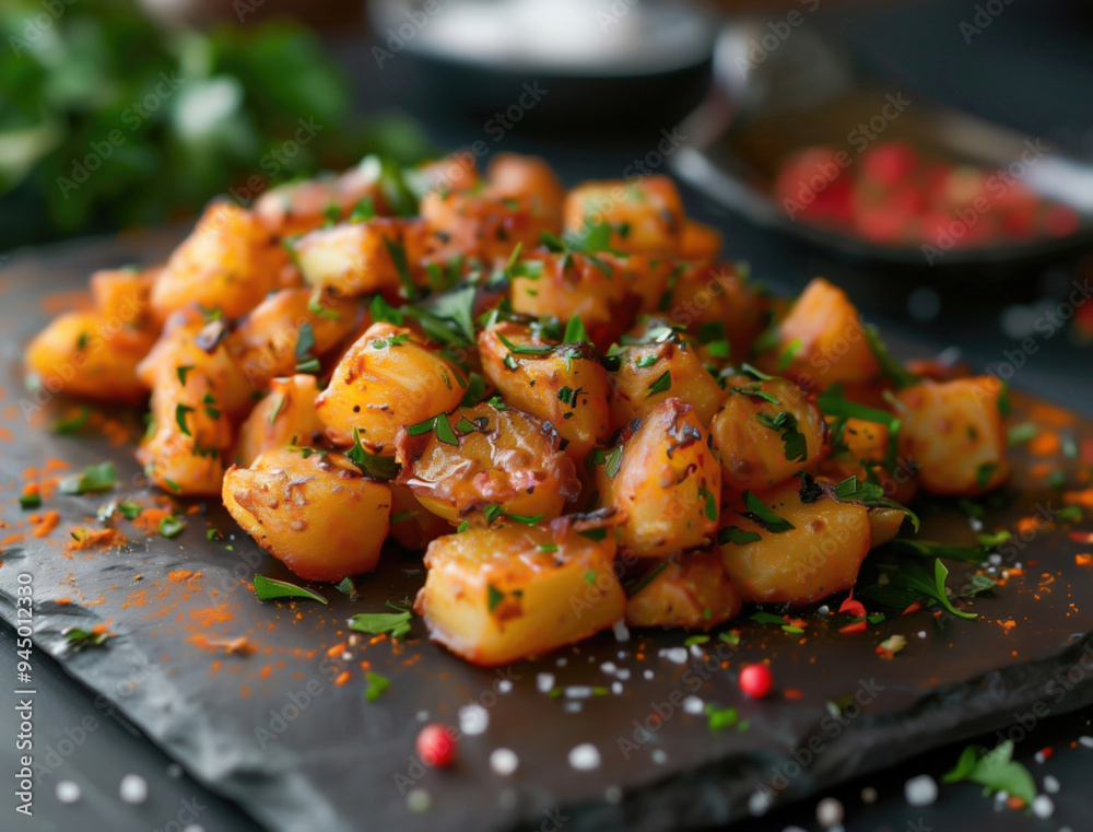 Rustic Patatas Bravas with Spicy Sauce, Close up on Black Plate Rustic Patatas Bravas with Spicy Sauce, Close up on Black Plate
