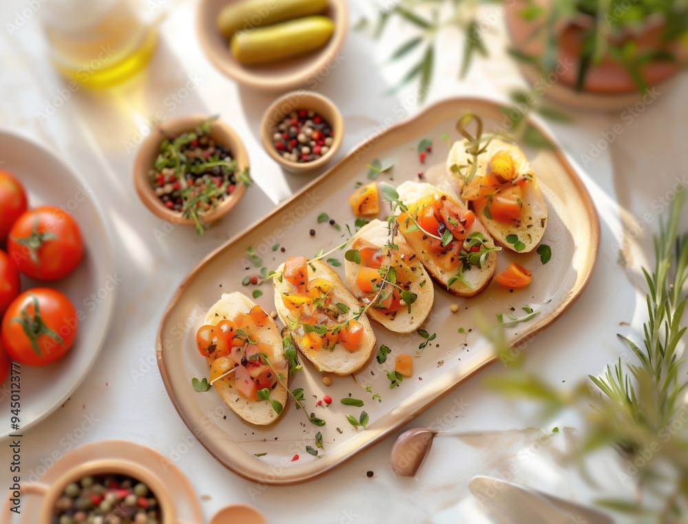 Rustic tapas assortment on a beige background